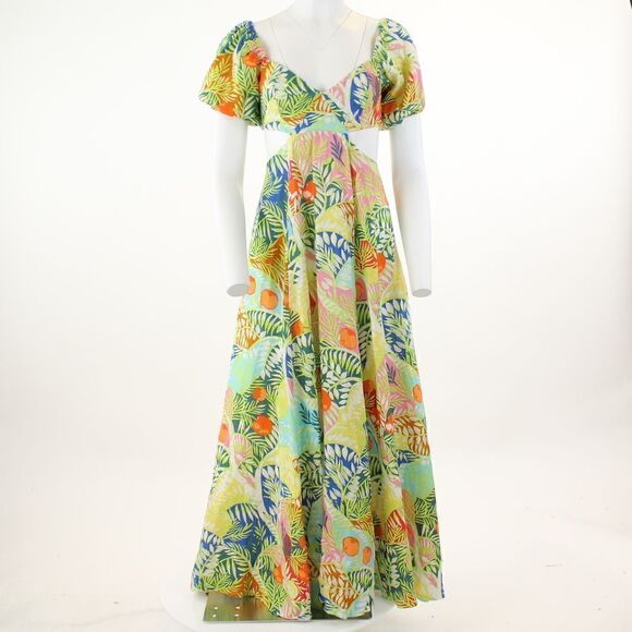 STAUD Coliseum Cutout Puff Sleeve Linen Maxi Dress in Capri Tree - Picture 2 of 5